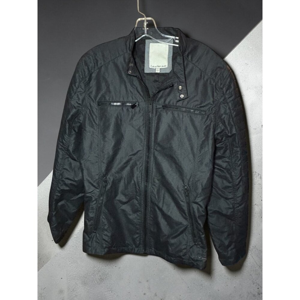Calvin Klein Black Lightweight Jacket With Zipper Pockets & Snap Collar Mens Med